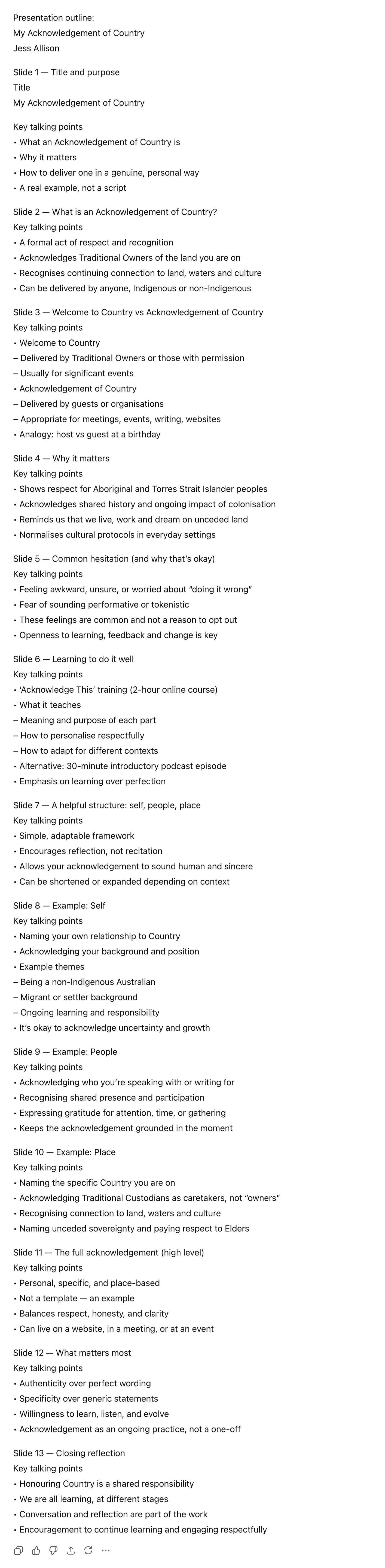 ChatGPT prompt "convert text below into a presentation with an outline and key talking points: [and paste your text]” and its response