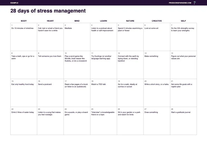 A calendar style page with a different stress management tip in each of the 28 boxes
