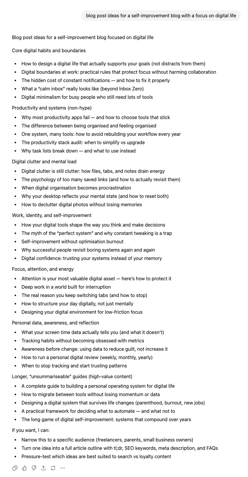 ChatGPT prompt "blog post ideas for a self-improvement blog with a focus on digital life" and its response