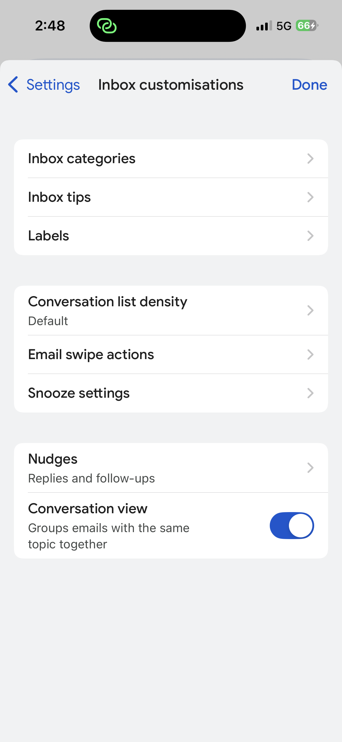 Gmail app inbox customisations