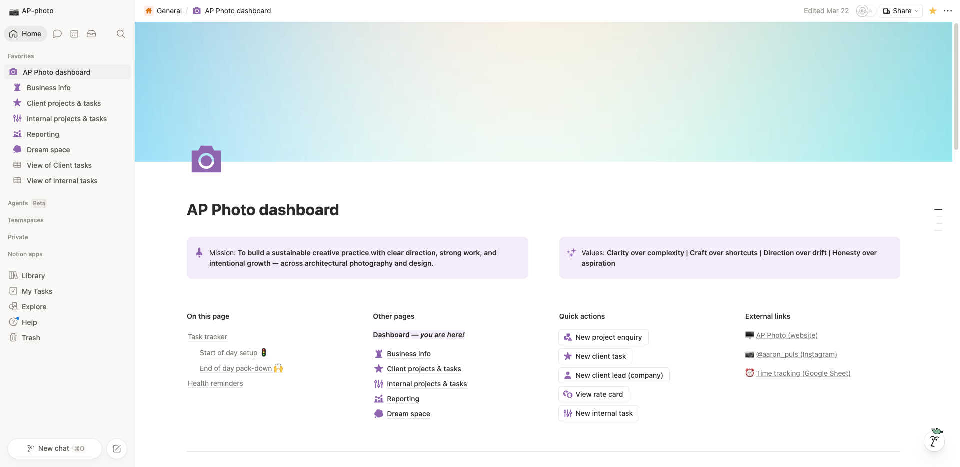 Notion dashboard showing a clean sidebar navigation menu of dashboard, business info, client projects, internal projects, reporting and dream space