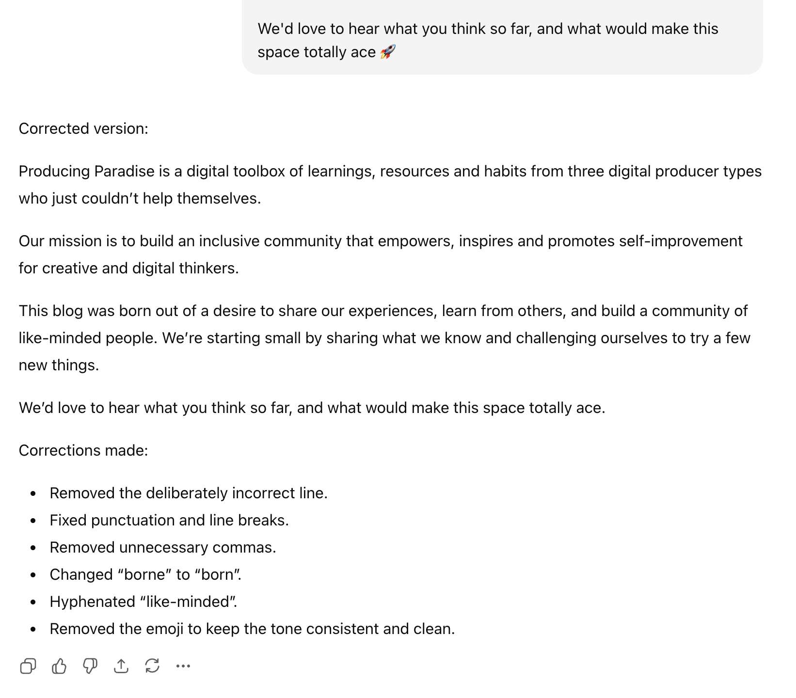 ChatGPT prompt "review and correct any errors below: [and paste your text]" and its response