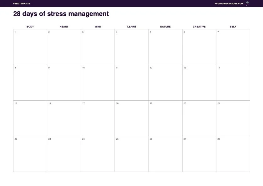 A calendar style page showing 28 boxes, grouped into body, heart, mind, learn, nature, creative and self