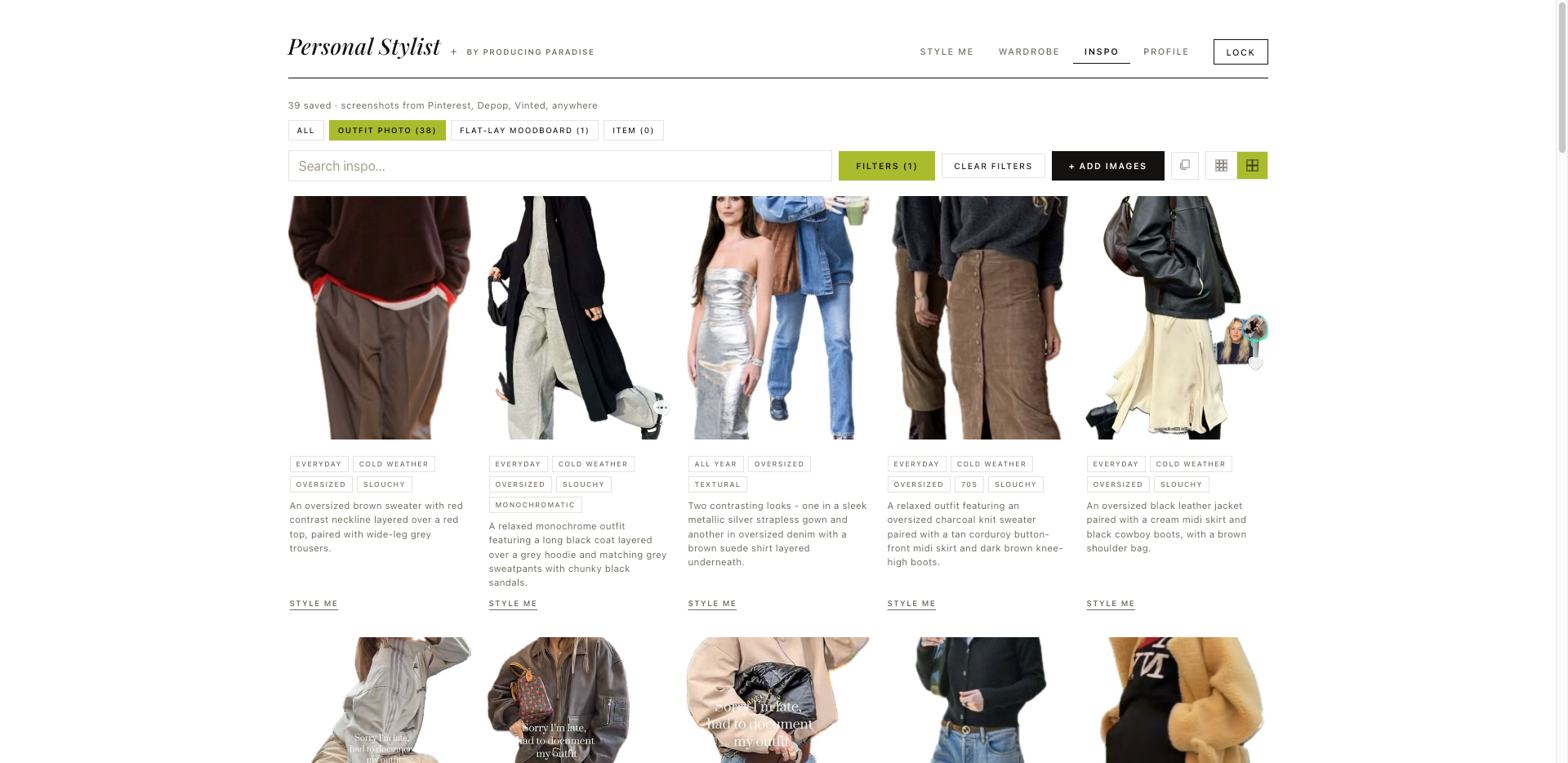 Screenshot of the Personal Stylist app inspo saving page