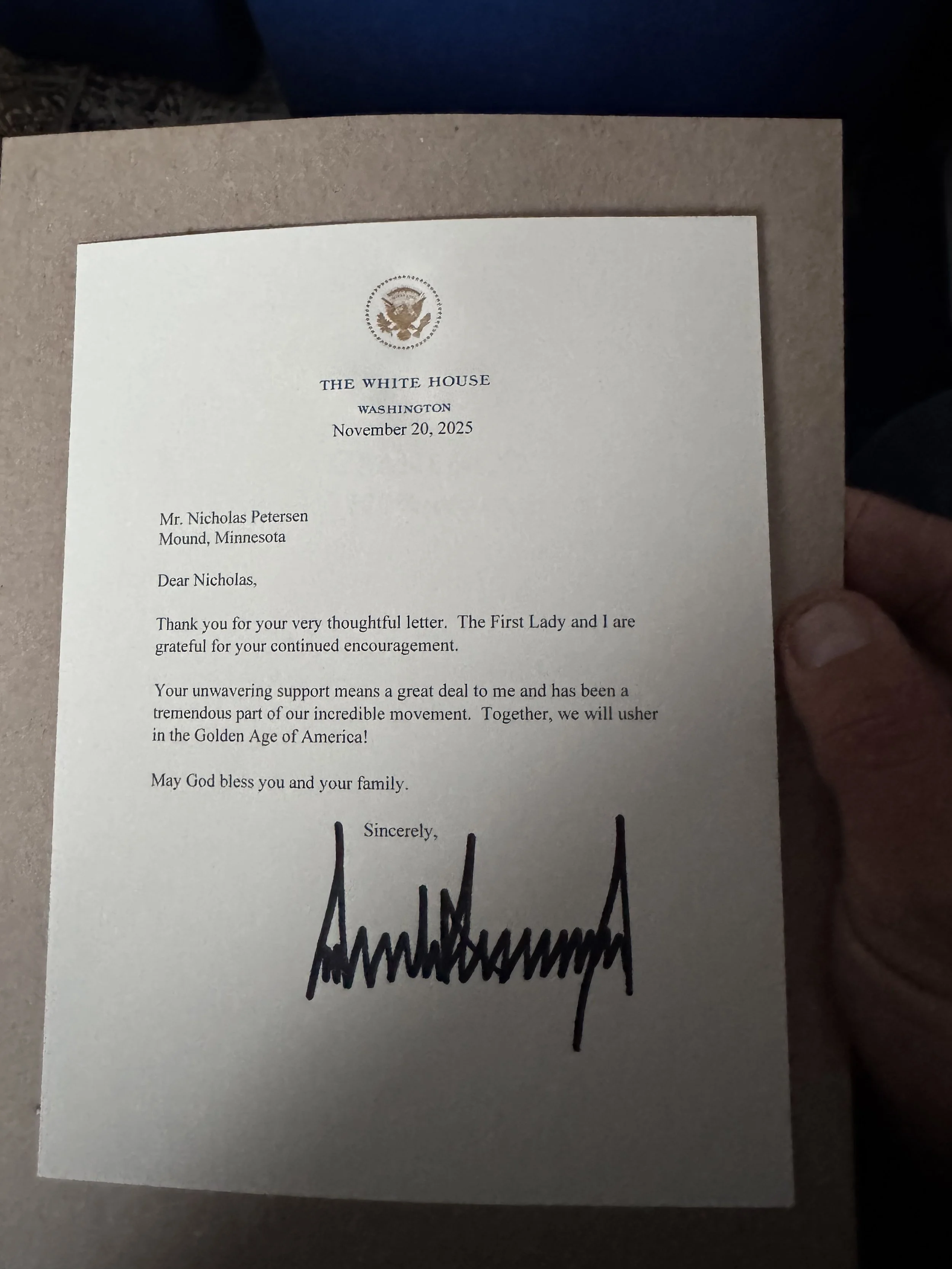 President Trump signed letter for Nick Petersen White House Stationery