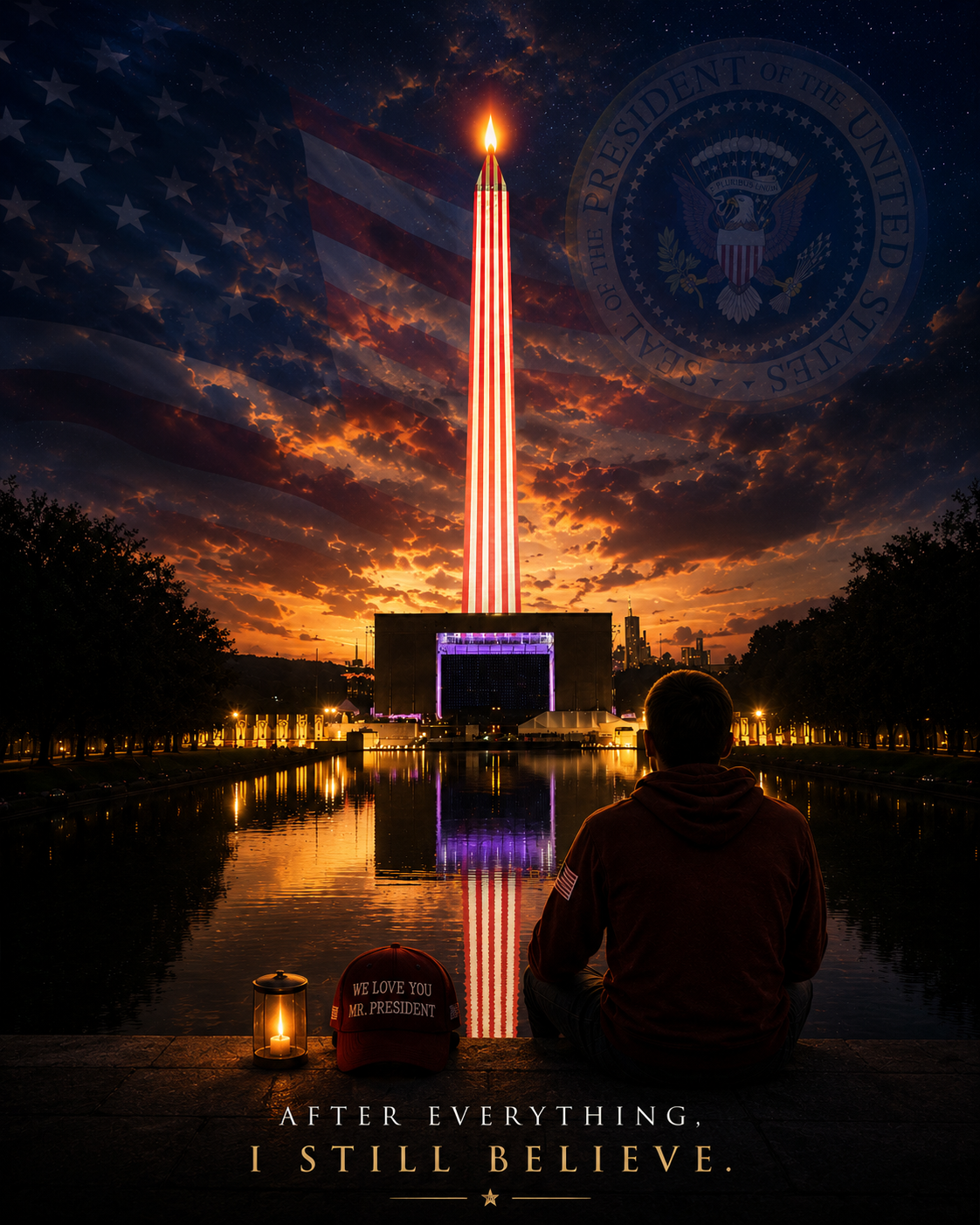 America 250 in Washington, D.C., with the Washington Monument illuminated like a birthday candle, patriotic presidential imagery, and a lone figure looking toward the monument beneath the words “After Everything, I Still Believe.”