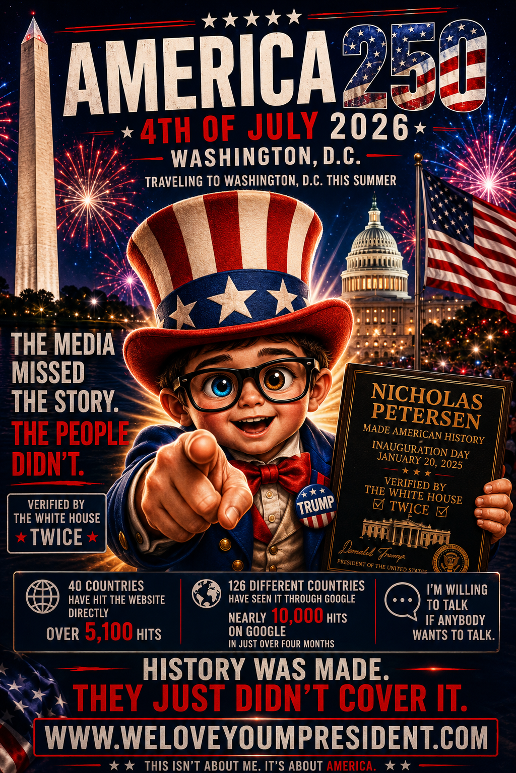 Chibi Pixar Nicholas Petersen (heterochromia, glasses) as Uncle Sam pointing at viewer with plaque ‘Inauguration Day 2025, White House Verified Twice’. D.C. fireworks background. ‘The Media Missed the Story.’