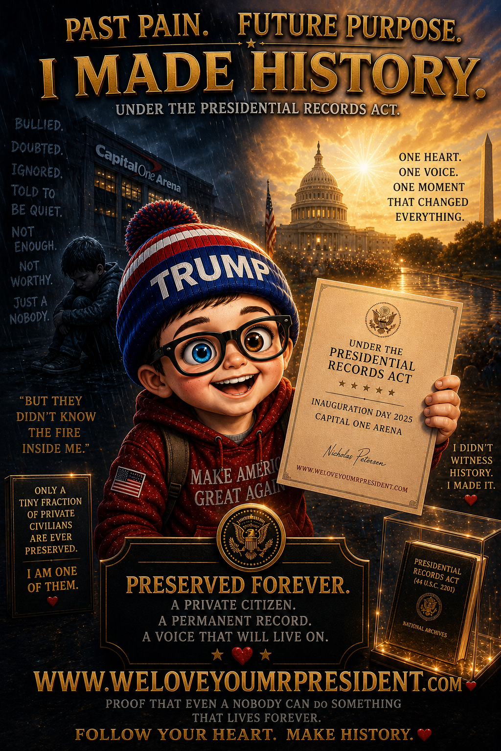 Illustration of Inauguration Day 2025 at Capital One Arena highlighting the Presidential Records Act, National Archives, perseverance, and hope.