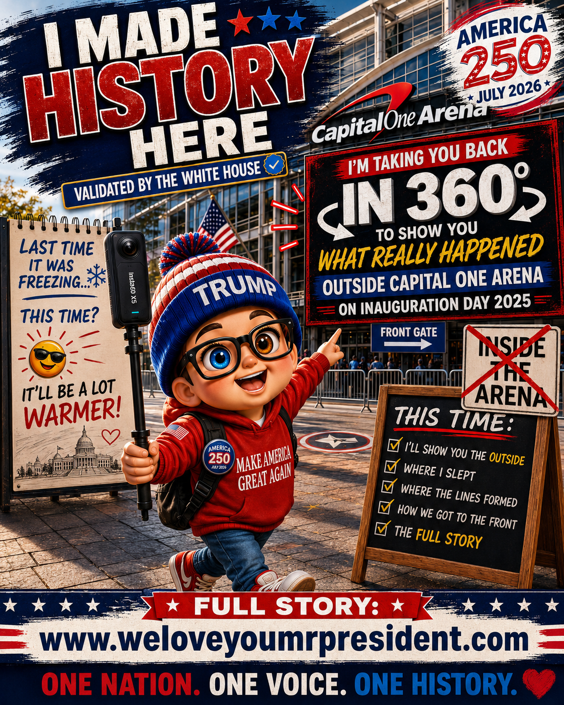 Nick Petersen at Capital One Arena in Washington, D.C., highlighting his Inauguration Day 2025 experience and upcoming America 250 return through a 360-degree tour of the historic inauguration locations.
