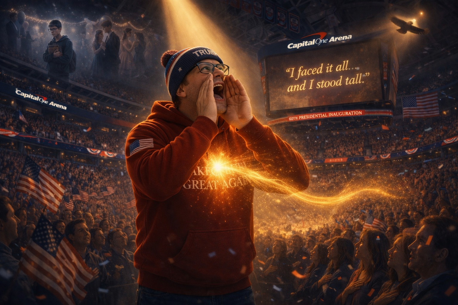 Shy kid from Mound Minnesota shouting “We love you Mr President” at Capital One Arena during Inauguration Day 2025, symbolizing growth from Westonka High School Class of 2010 to a nationally recognized moment preserved in the U.S. presidential record