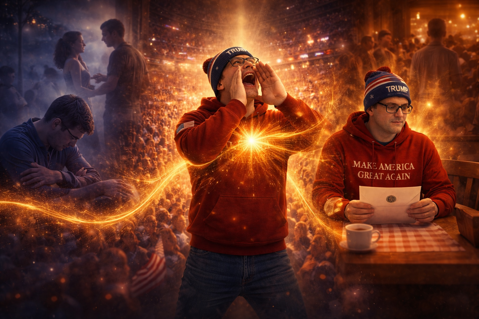 Man’s emotional journey from shy youth at a dance to shouting in a packed arena, ending in quiet reflection with a Presidential letter, symbolizing growth, love, and being heard.