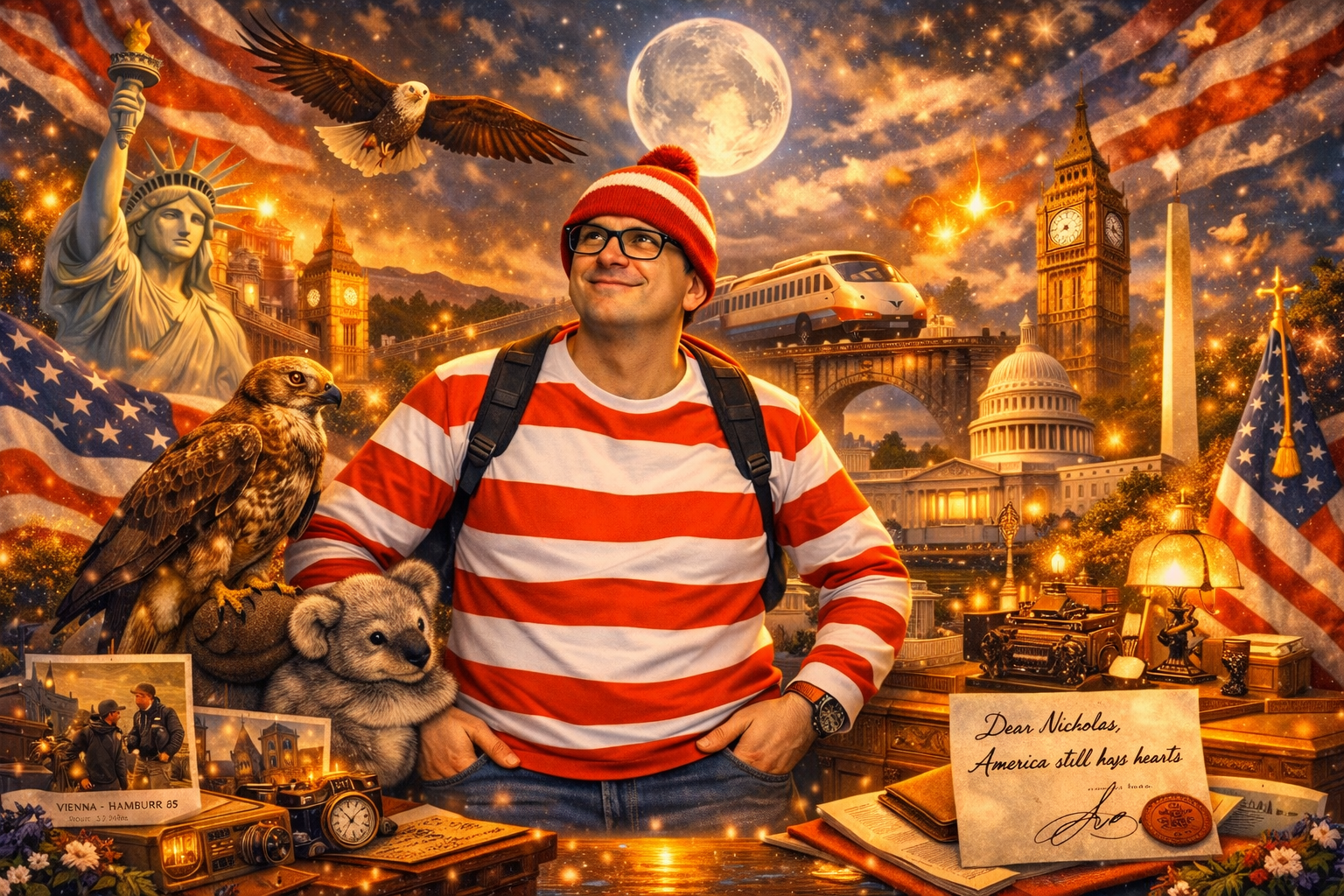 AI enhanced patriotic portrait of Nicholas Petersen dressed as Waldo surrounded by travel symbolism, American landmarks, eagle, koala and handwritten letters representing personal growth, resilience and a heartfelt journey from shyness to strength.