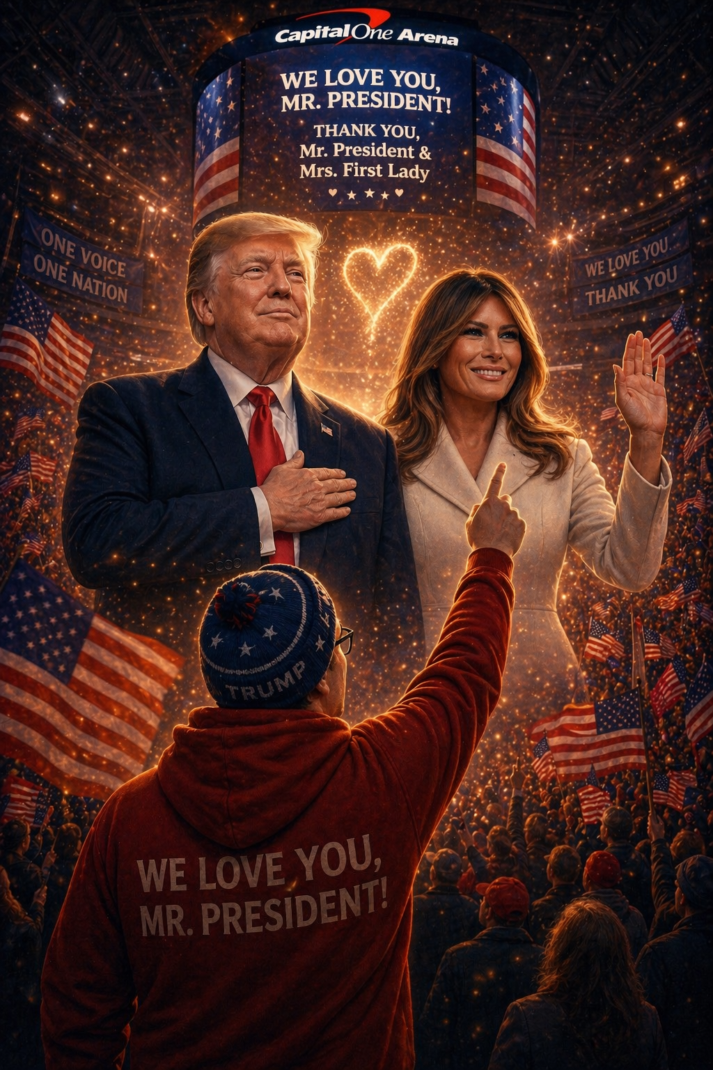 Nicholas Petersen points at President Trump and First Lady Melania inside Capital One Arena on Inauguration Day 2025 - moment both turned and pointed back