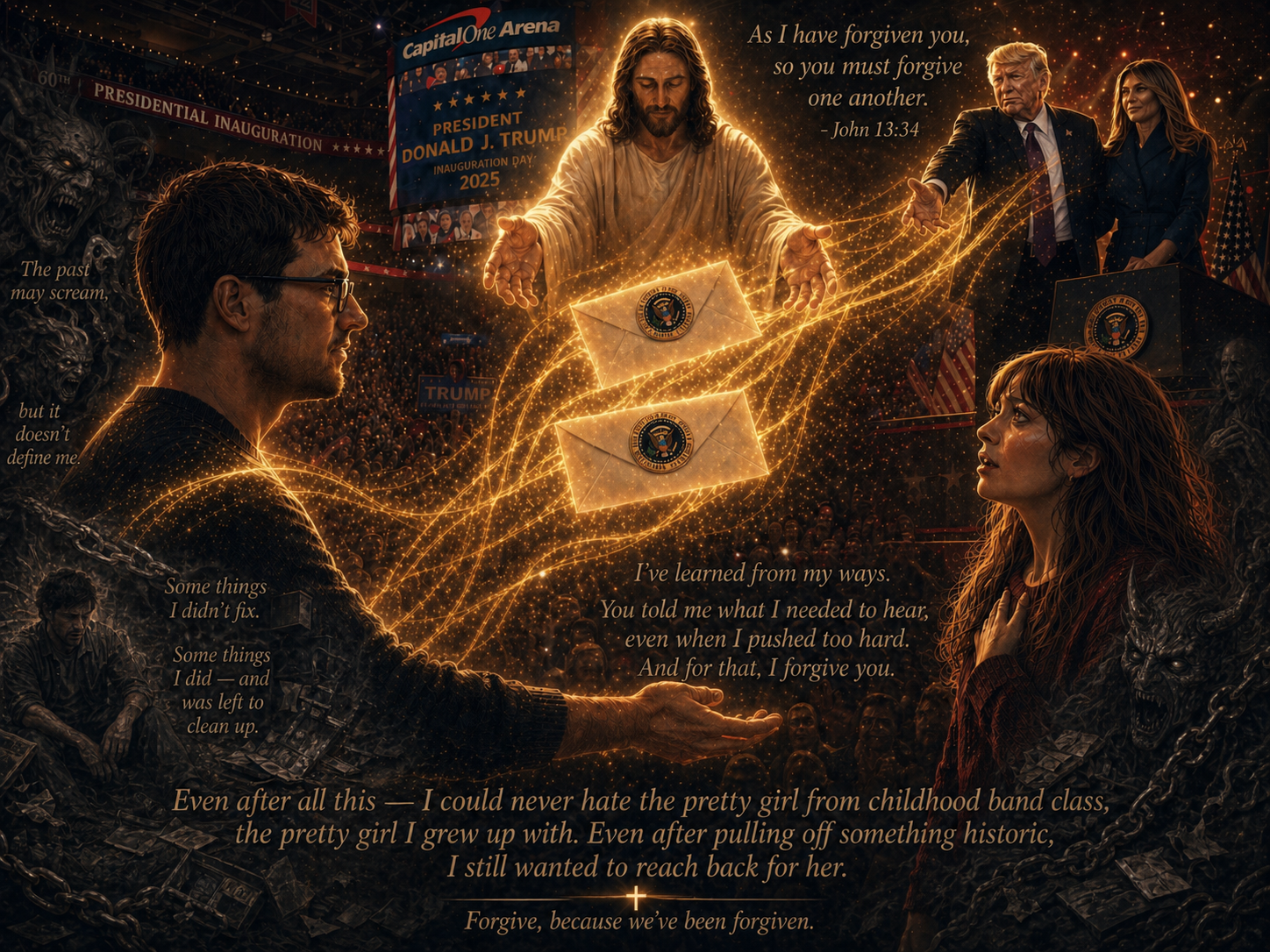 Nicholas Petersen in Capital One Arena on Inauguration Day 2025 as President Donald Trump and First Lady Melania Trump acknowledge him, symbolized by golden energy and two White House letters representing forgiveness, faith, and personal redemption