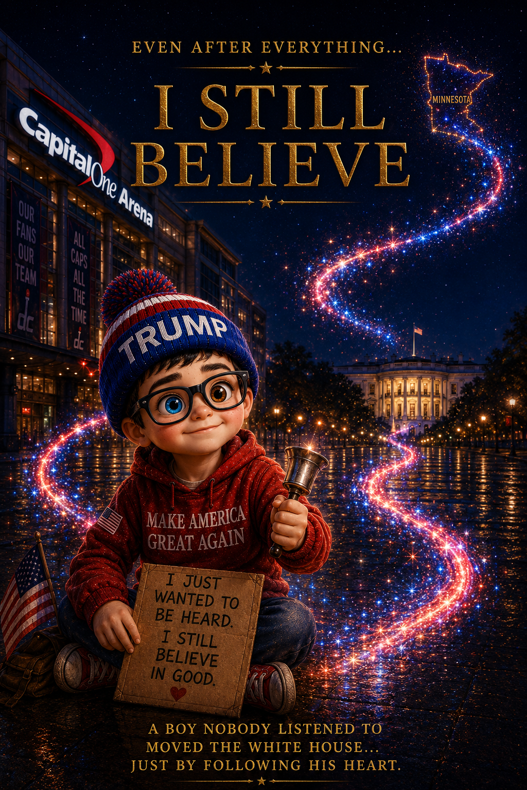 Chibi boy ringing bell outside Capital One Arena with White House in background, glowing patriotic magic trail to Minnesota. I Still Believe. Shy kid from Mound who moved the White House with five words.