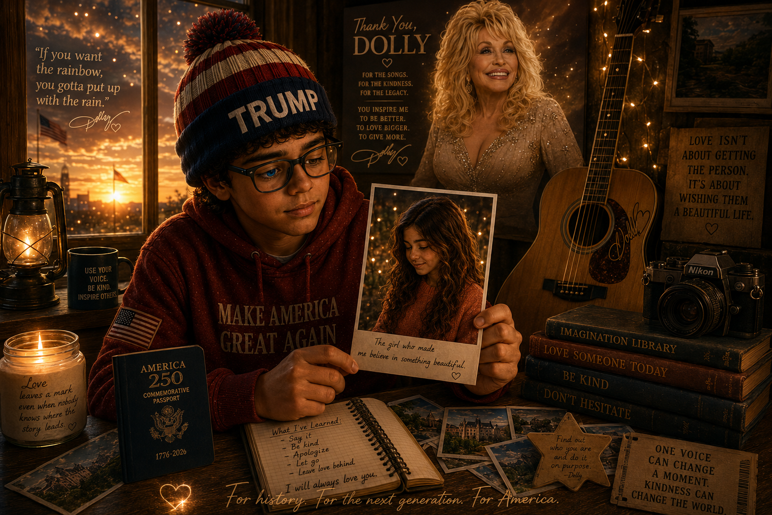 America 250 tribute artwork honoring Dolly Parton, love, kindness, finding your voice, and leaving something meaningful for the next generation.