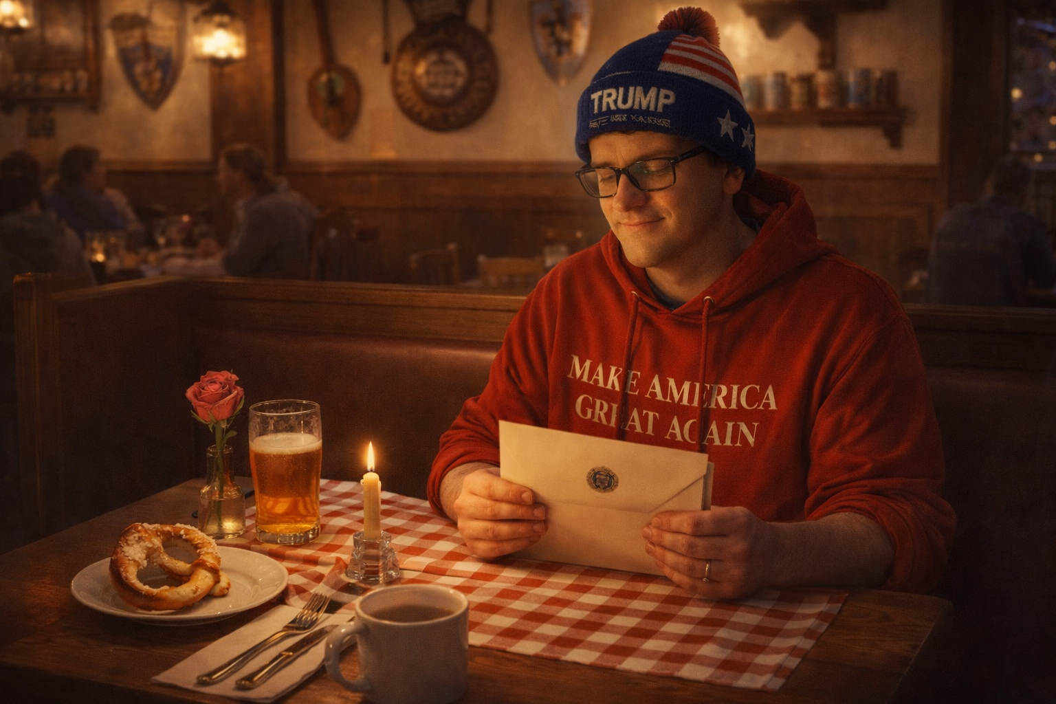 Nicholas Petersen holding a White House envelope alone at a candlelit restaurant table after his 2025 inauguration moment.