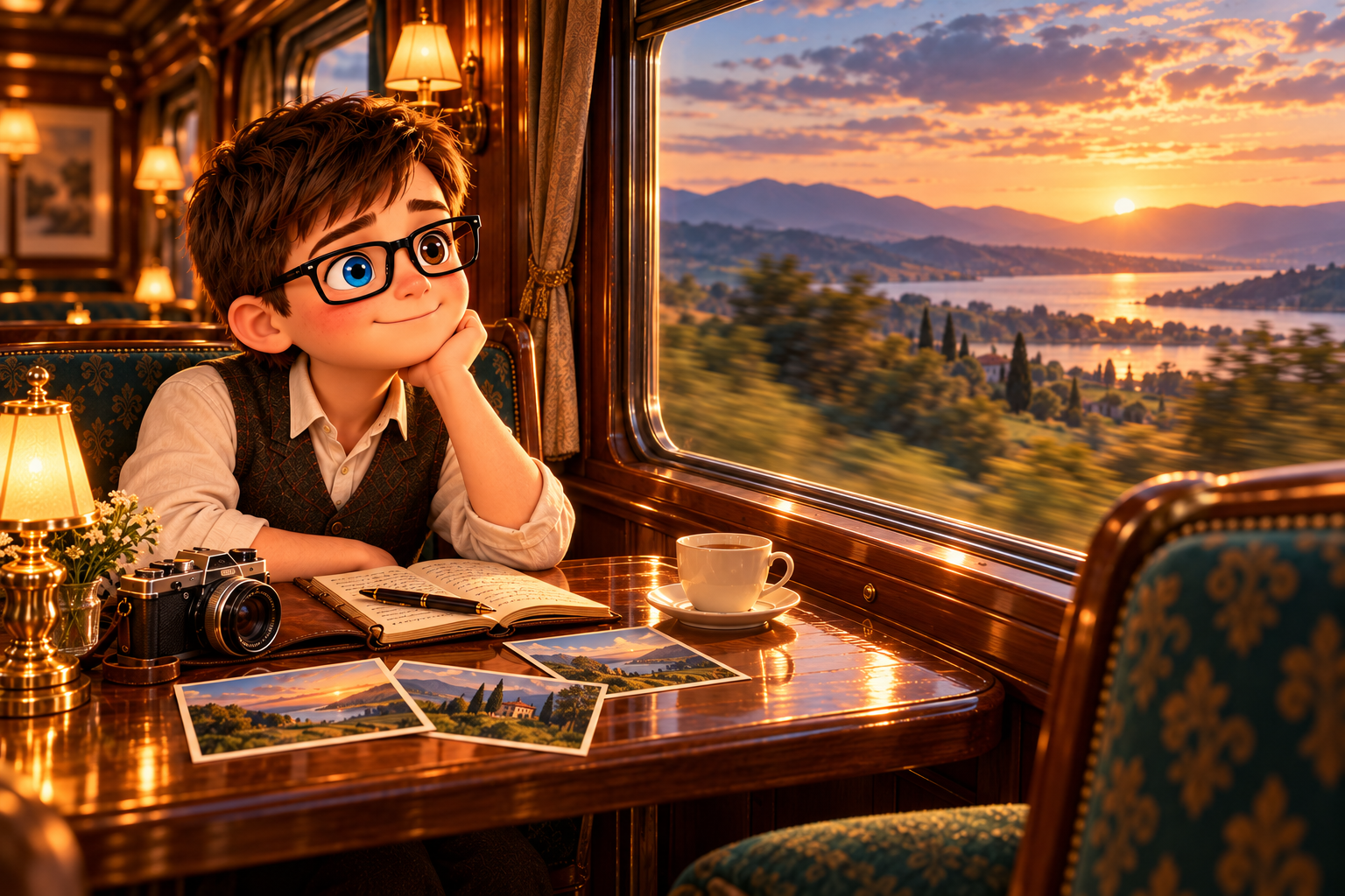 Illustration of Nick Petersen seated at a train table at sunset, with a camera, travel journal, photographs, and an empty chair opposite him, accompanying his My Way reflection.