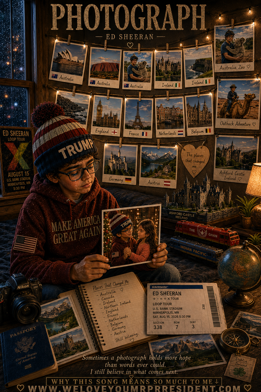 Travel-themed illustration inspired by Ed Sheeran's "Photograph," showing a young man reflecting on world travels, lost love, hope, and an upcoming concert, surrounded by photos, keepsakes, and memories that shaped his life.