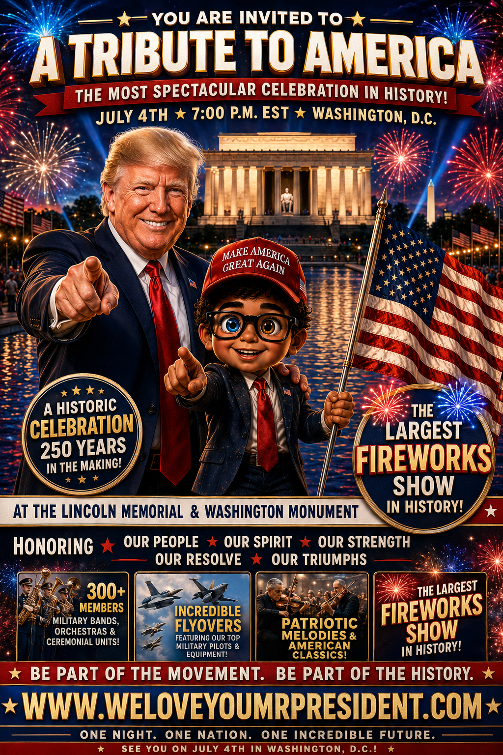 President Trump at Lincoln Memorial for America 250 Tribute to America July 4 2026 the largest fireworks show in history with young supporter holding American flag