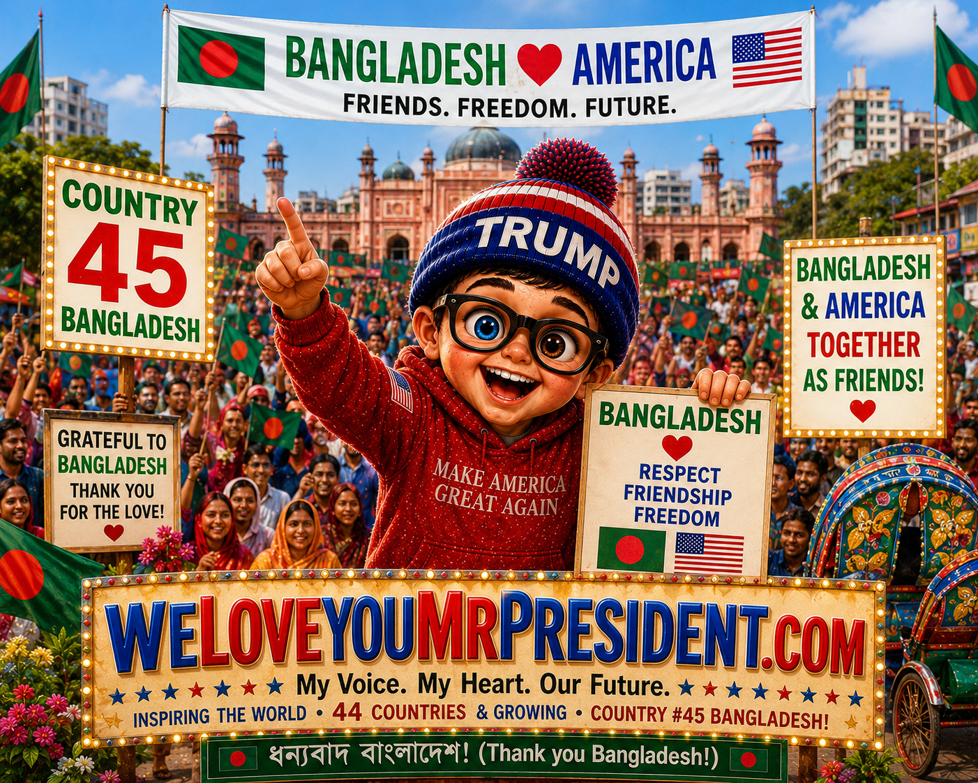 Illustration celebrating Bangladesh as the 45th country to visit WeLoveYouMrPresident.com, promoting friendship between Bangladesh and America as the website approaches 7,000 visitors worldwide.