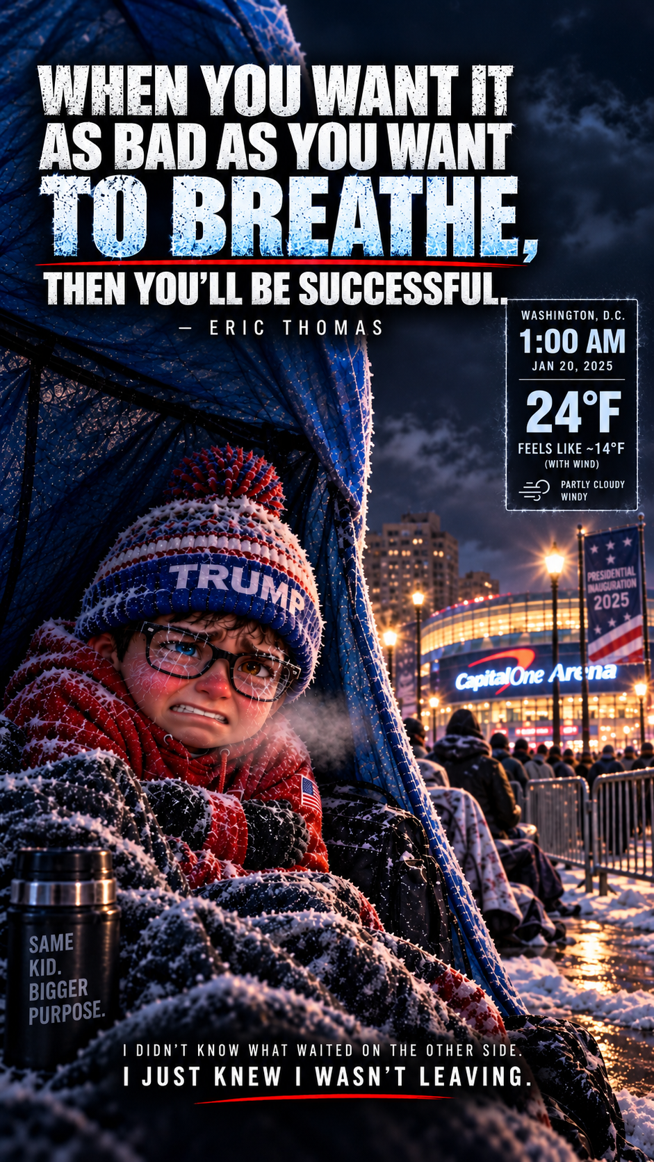 Nick Petersen enduring the freezing cold outside Capital One Arena in Washington, D.C., before Inauguration Day 2025, inspired by Eric Thomas’s “want it as bad as you want to breathe” message.