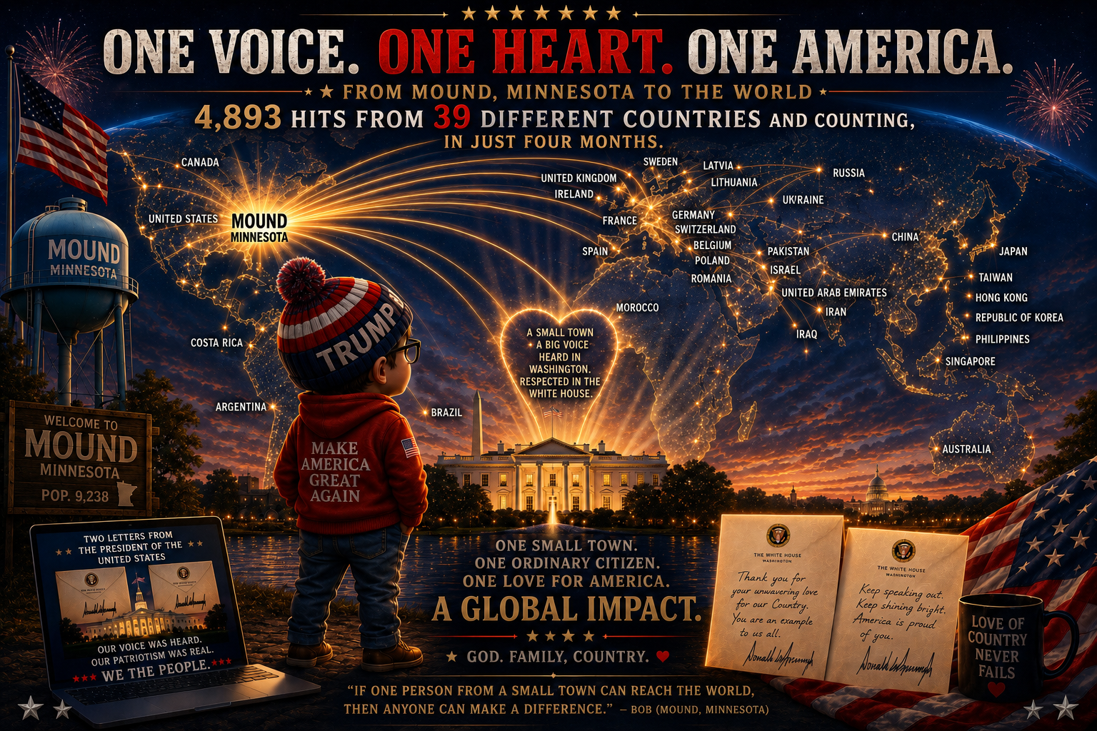 A patriotic poster featuring a young boy wearing a