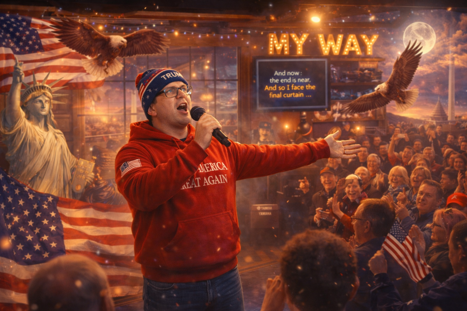 Man in red ‘Make America Great Again’ hoodie belts Frank Sinatra’s ‘My Way’ on stage under neon lights, eagles soaring, crowd cheering—quiet kid turned legend, from shy silence to roaring heart, love out loud forever.