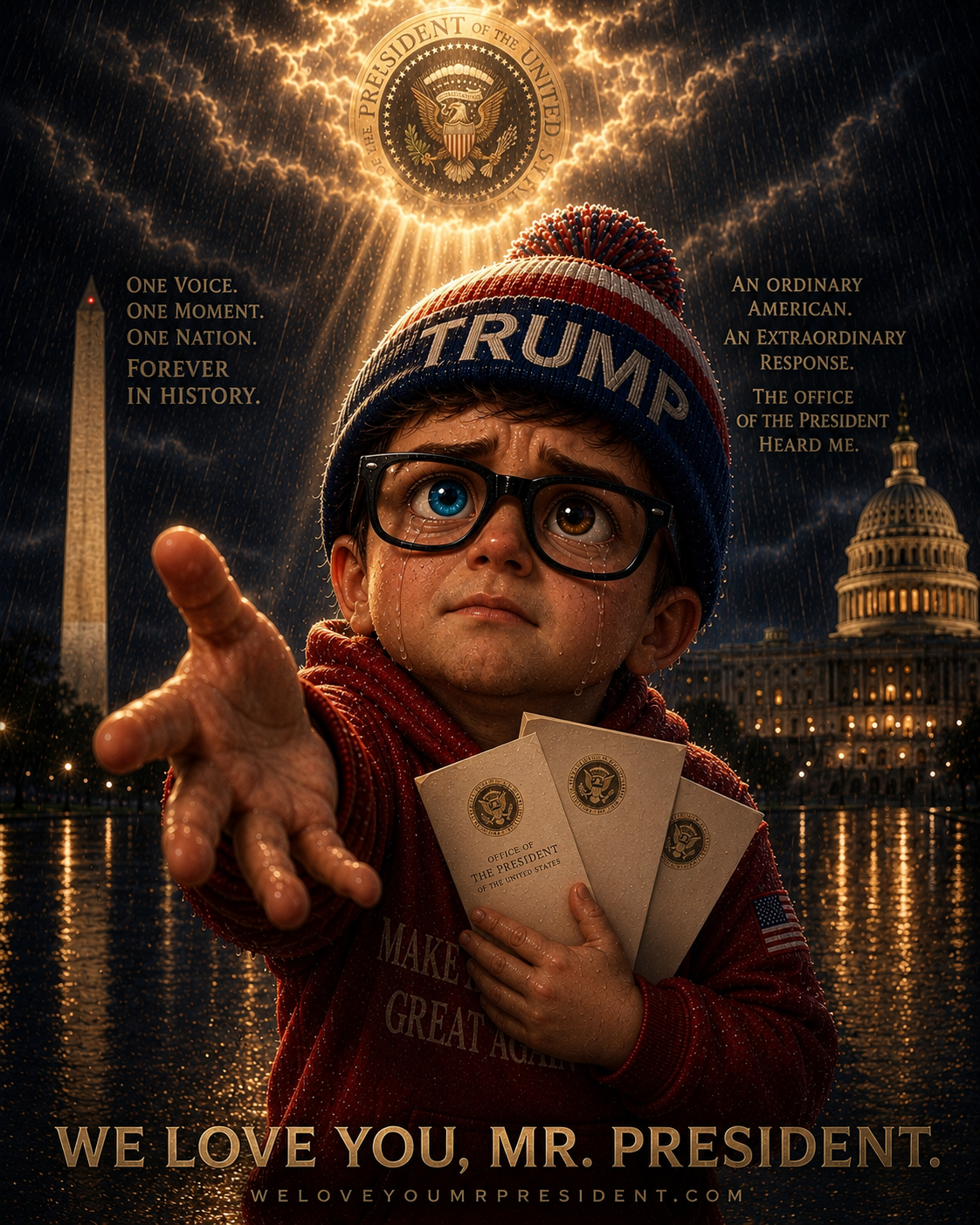 Little boy with Trump beanie and glasses reaching out in rain with official presidential letters, dramatic storm over Washington DC