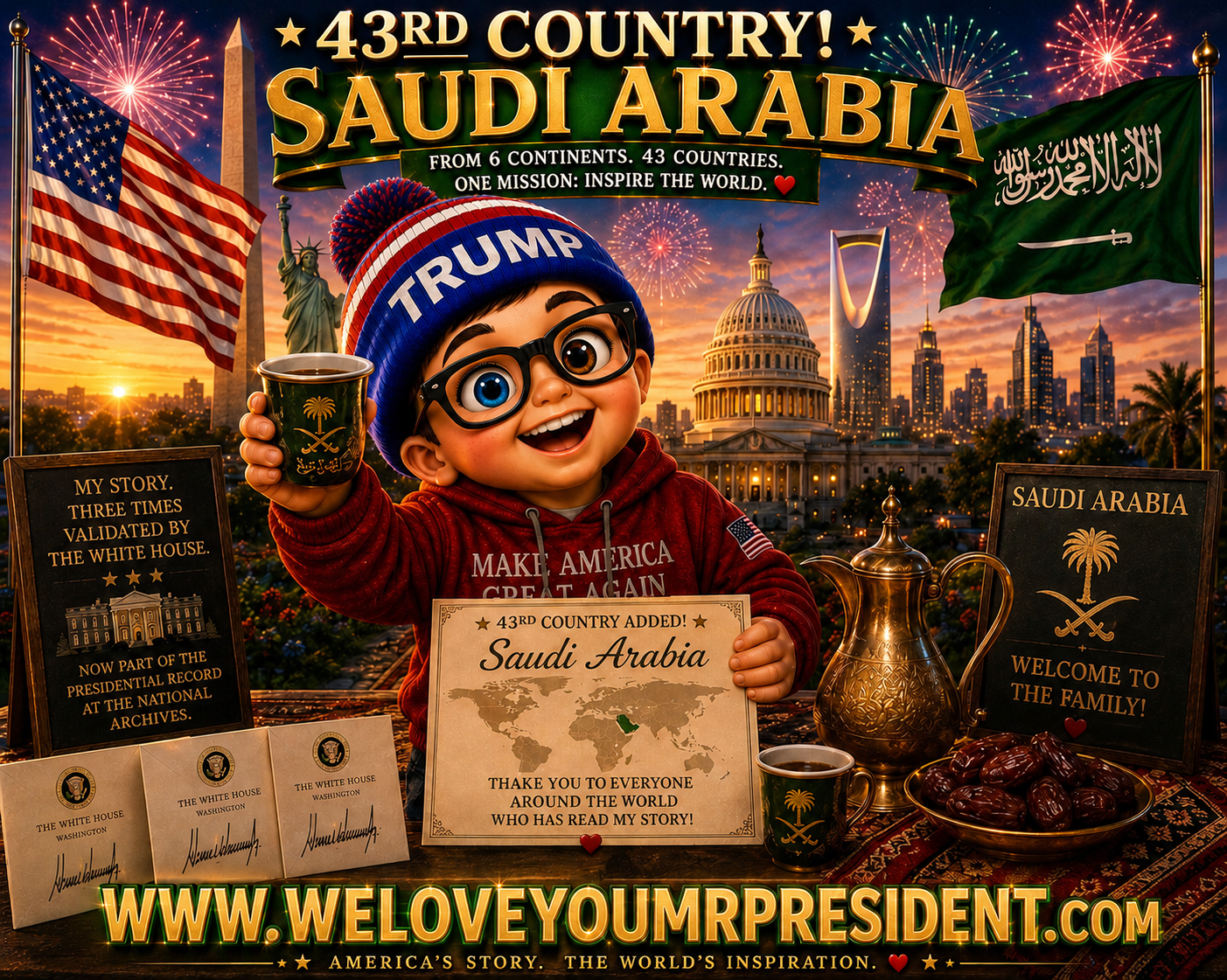 Nicholas Petersen celebrates 43rd country Saudi Arabia - Story reaches 43 countries from Mound Minnesota - White House validated Inauguration Day 2025 moment now in Presidential Records
