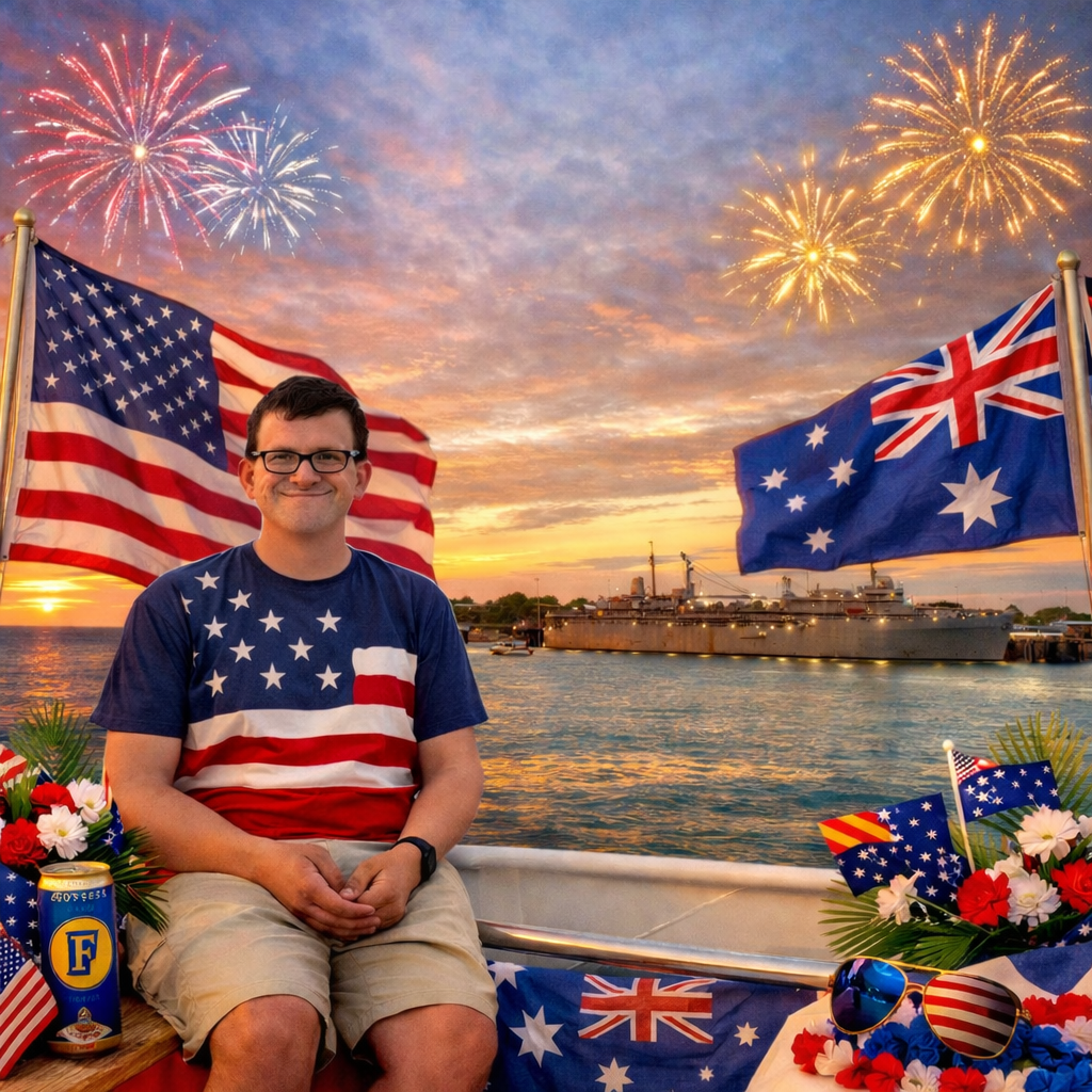 Nicholas Petersen on a Darwin Harbor dinner cruise in Australia with USS Emory S. Land submarine tender behind him, American and Australian flags at sunset, marking the start of his Ghan and Indian Pacific rail adventure.