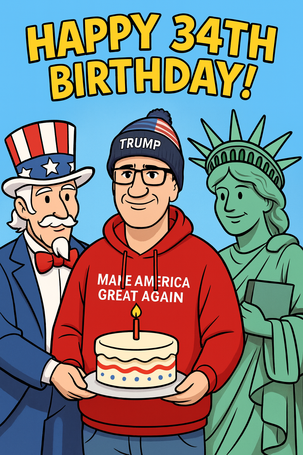 Uncle Sam and Lady Liberty giving Nicholas Petersen a birthday Cake