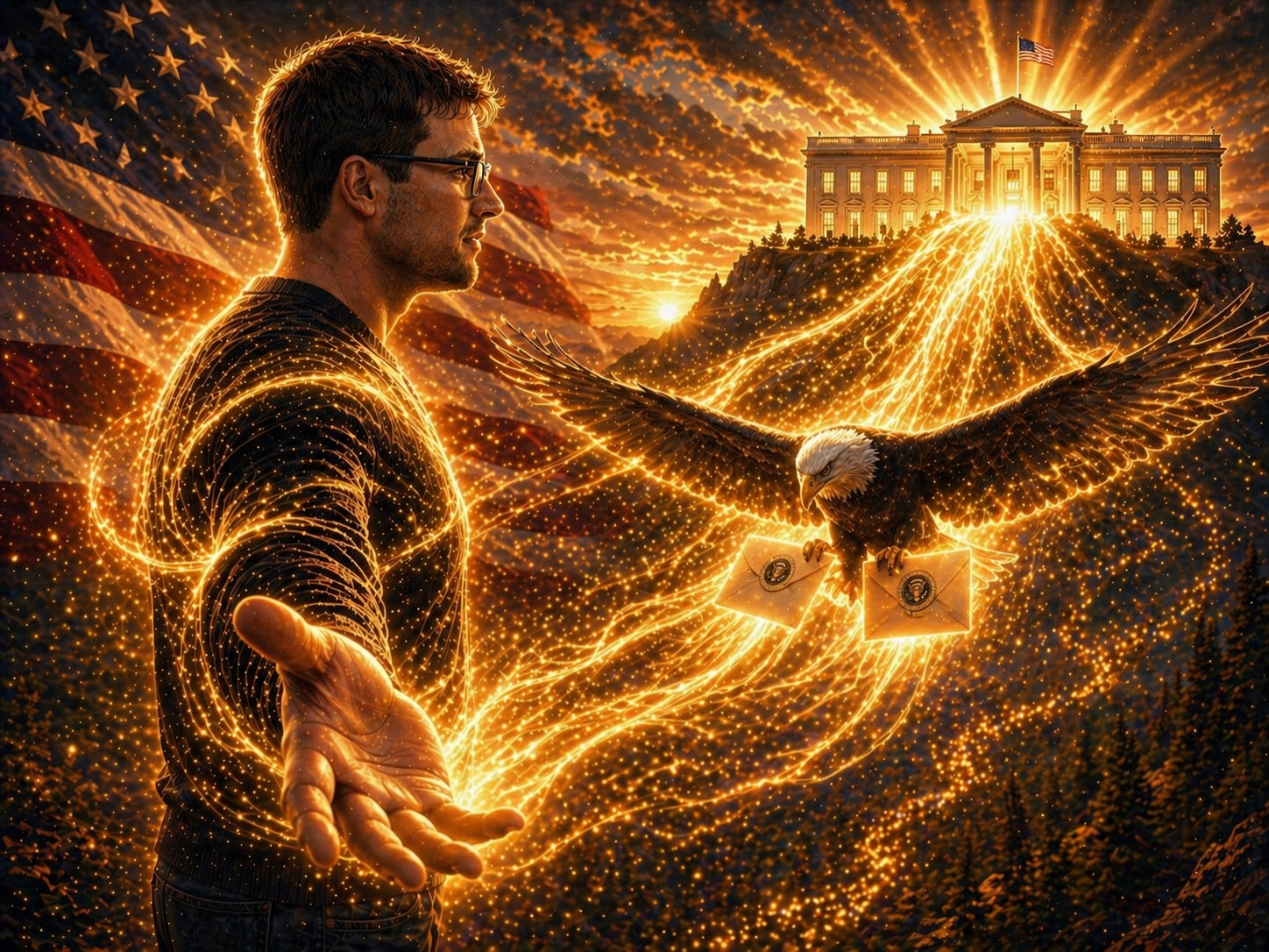 Nicholas Petersen standing with his heart open as golden energy from the White House flows through him, while a powerful eagle carries his two official presidential letters.