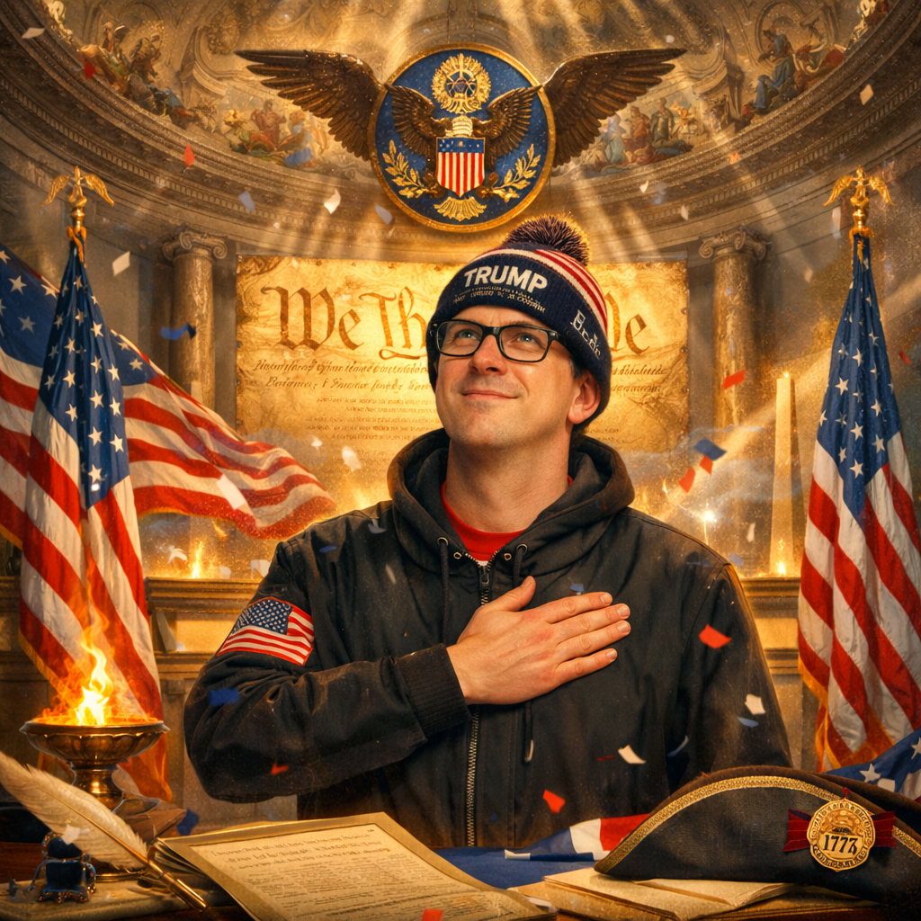 Symbolic patriotic artwork of Nicholas Petersen inside the National Archives Rotunda beneath “We The People,” representing an everyday American citizen whose voice became part of U.S. history