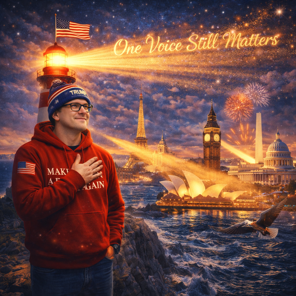 Nicholas Petersen in MAGA Hoodie beside a lighthouse beam - Big Ben, Effiel, Sydney, D.C. Lit. "One Voice Still Matters" From Mound to the World
