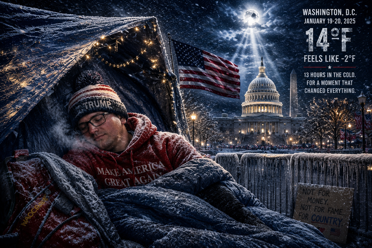 A man sleeps inside a tent in a snowy setting with the U.S. Capitol building in the background, under a full moon. He is wearing a red hoodie with 'Make America Great Again' and a Trump hat. The scene shows American flags, holiday lights, and a sign reading 'Not for money, not for fame, for country.'