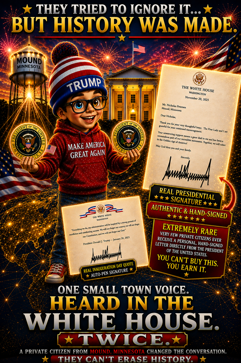 Nicholas Petersen from Mound, Minnesota holding Presidential Seals in front of the White House, alongside a hand-signed November 20, 2025 White House letter and Inauguration Day 2025 quote card from President Trump.