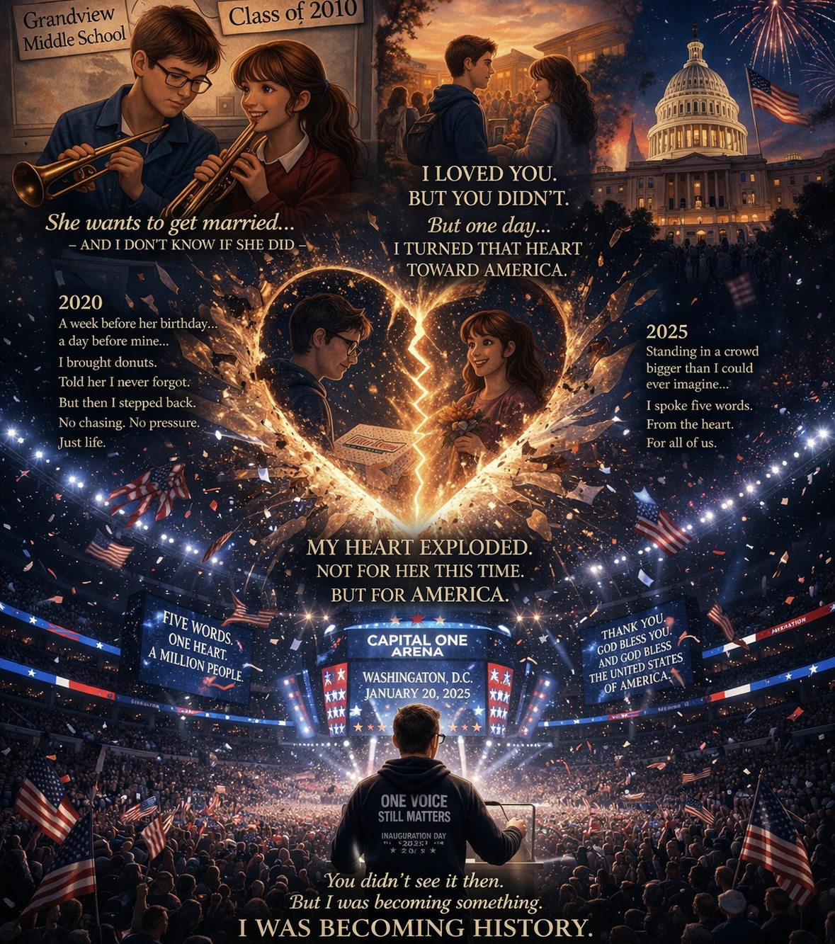 llustrated story of childhood crush at Grandview Middle School Mound MN, broken heart from 2020 reconnection to 2025 Capitol One Arena moment, fireworks and “ONE VOICE STILL MATTERS” hoodie, Class of 2010 redemption.