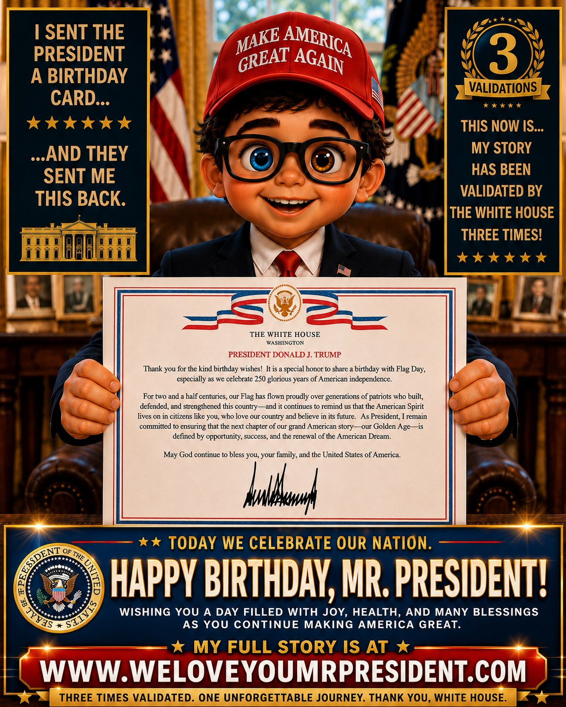 Nicholas Petersen holding official White House letter signed by President Donald J. Trump on his 80th birthday after being validated by the White House three times