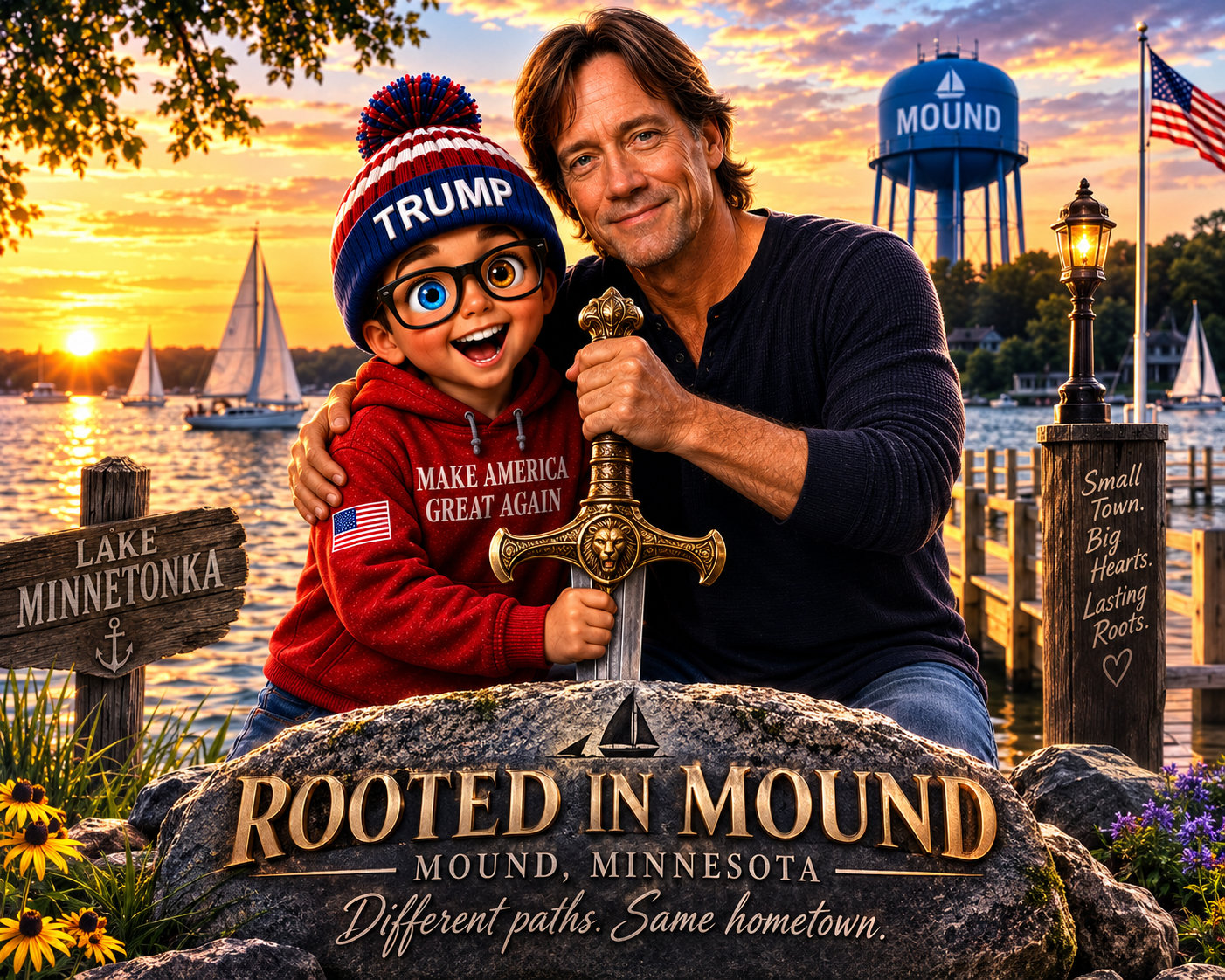 Kevin Sorbo and Westonka graduate Nick Petersen stand together in Mound, Minnesota, holding the Hercules sword beside Lake Minnetonka and the Mound water tower, celebrating their shared hometown roots and Westonka legacy.