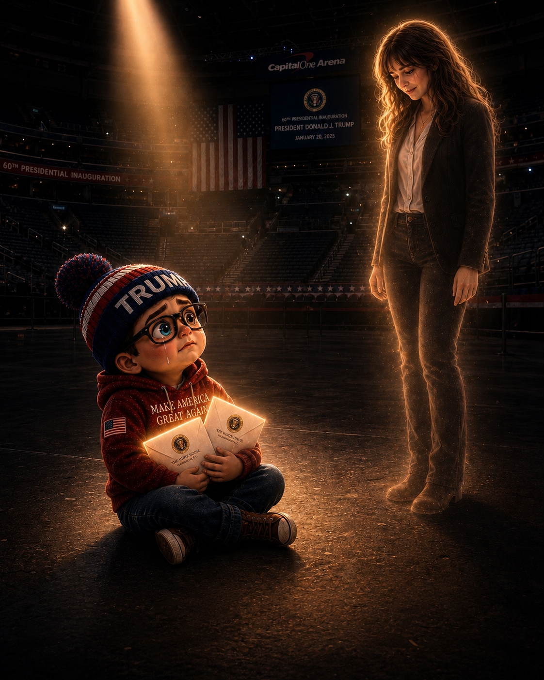 Nick Petersen as a teary-eyed chibi boy sits alone on the Capital One Arena floor holding two glowing White House letters from President Trump. He looks up heartbroken at a glowing figure of the girl he grew up with.