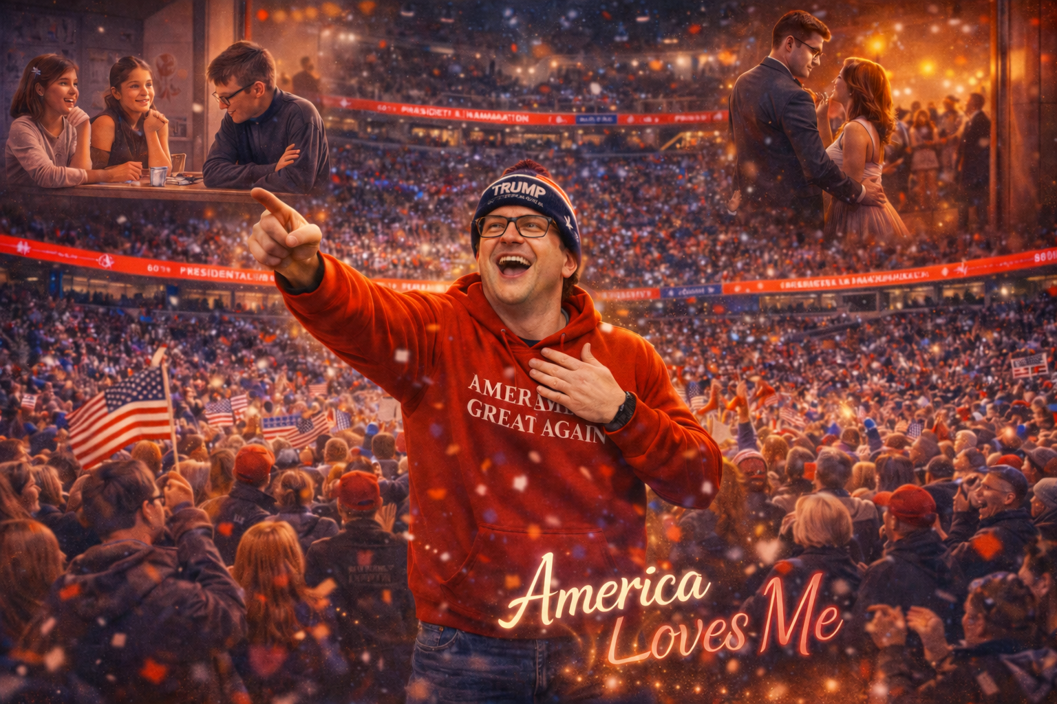 Nicholas Petersen inside Capital One Arena smiling and pointing into the crowd, a romantic patriotic moment symbolizing a shy boy’s journey to courage, love, and being seen after Inauguration Day 2025