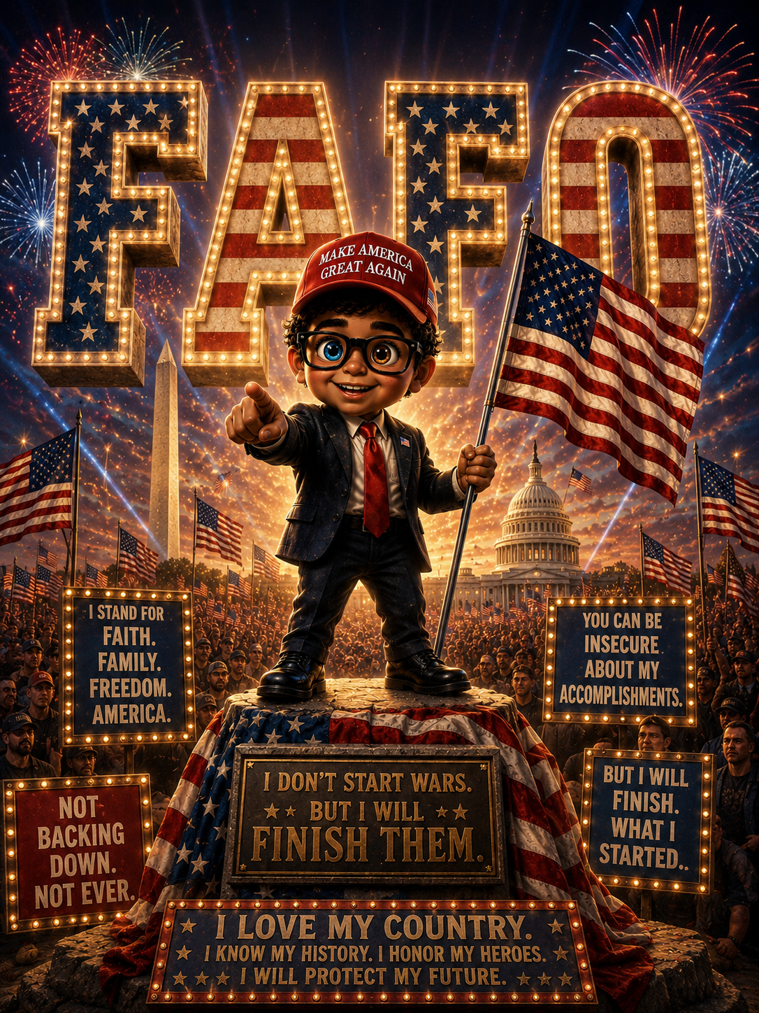Nicholas Petersen stands proud before a glowing FAFO sign wearing a red MAGA hat and glasses, holding an American flag. Fireworks and the Capitol behind him. His message: I don’t start wars, but I will finish them. I don’t back down.