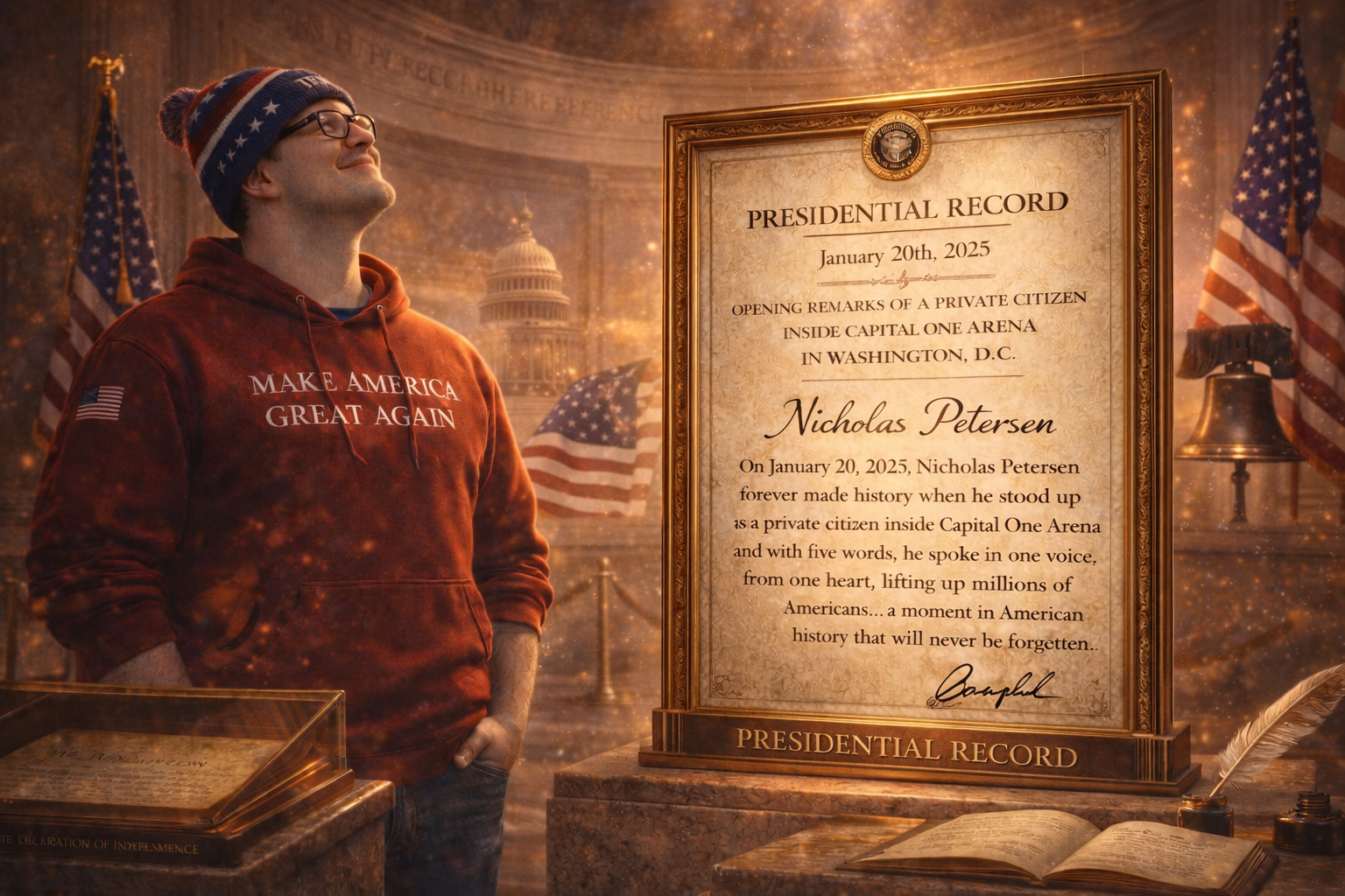 Nicholas Petersen standing peacefully beside his Presidential Record in the National Archives, finally at rest after his heart was seen by the world