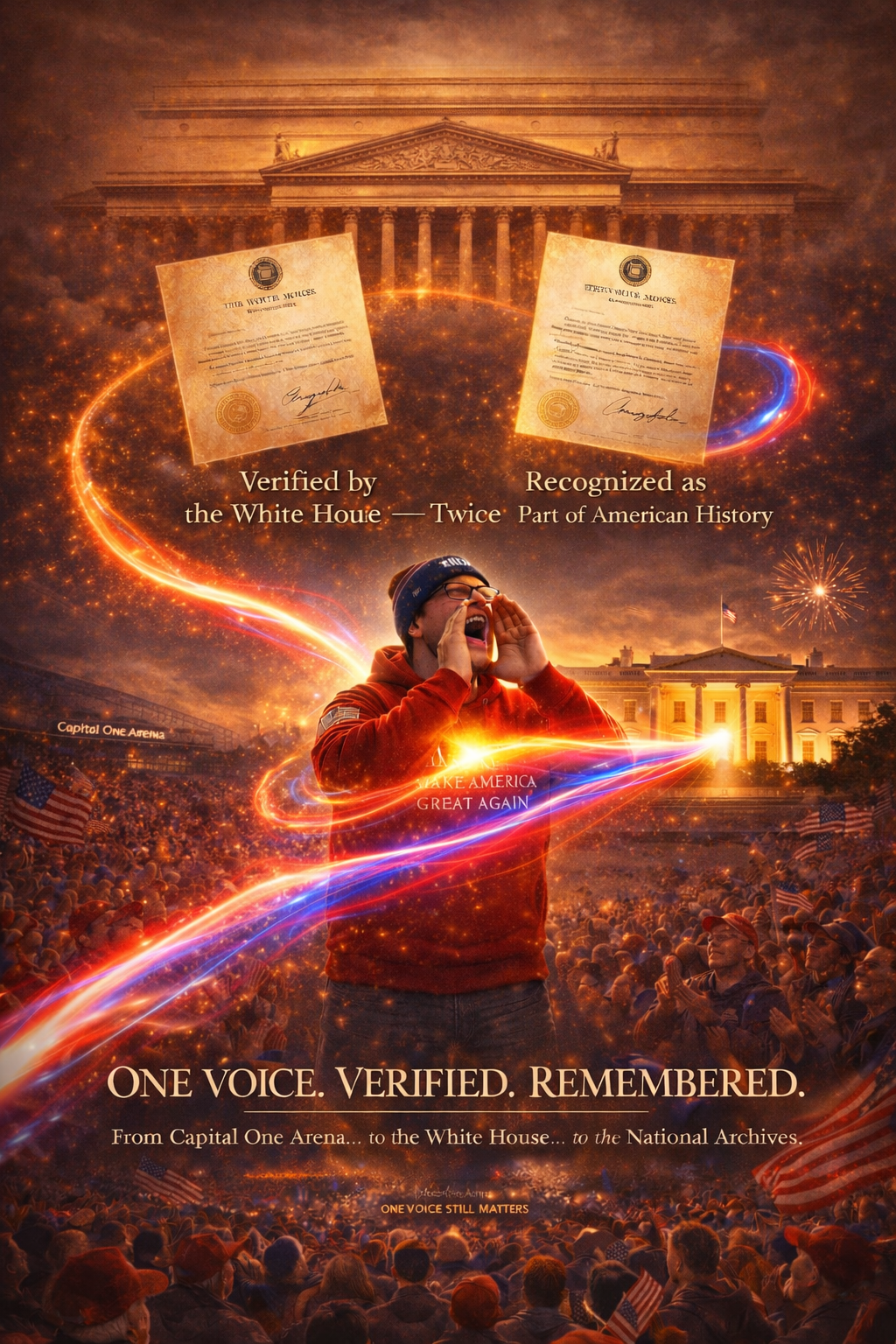 Man shouting with hands cupped at Capital One Arena in Washington DC, with patriotic red, white, and blue energy flowing from his chest to the White House and the National Archives, symbolizing a historic American moment.