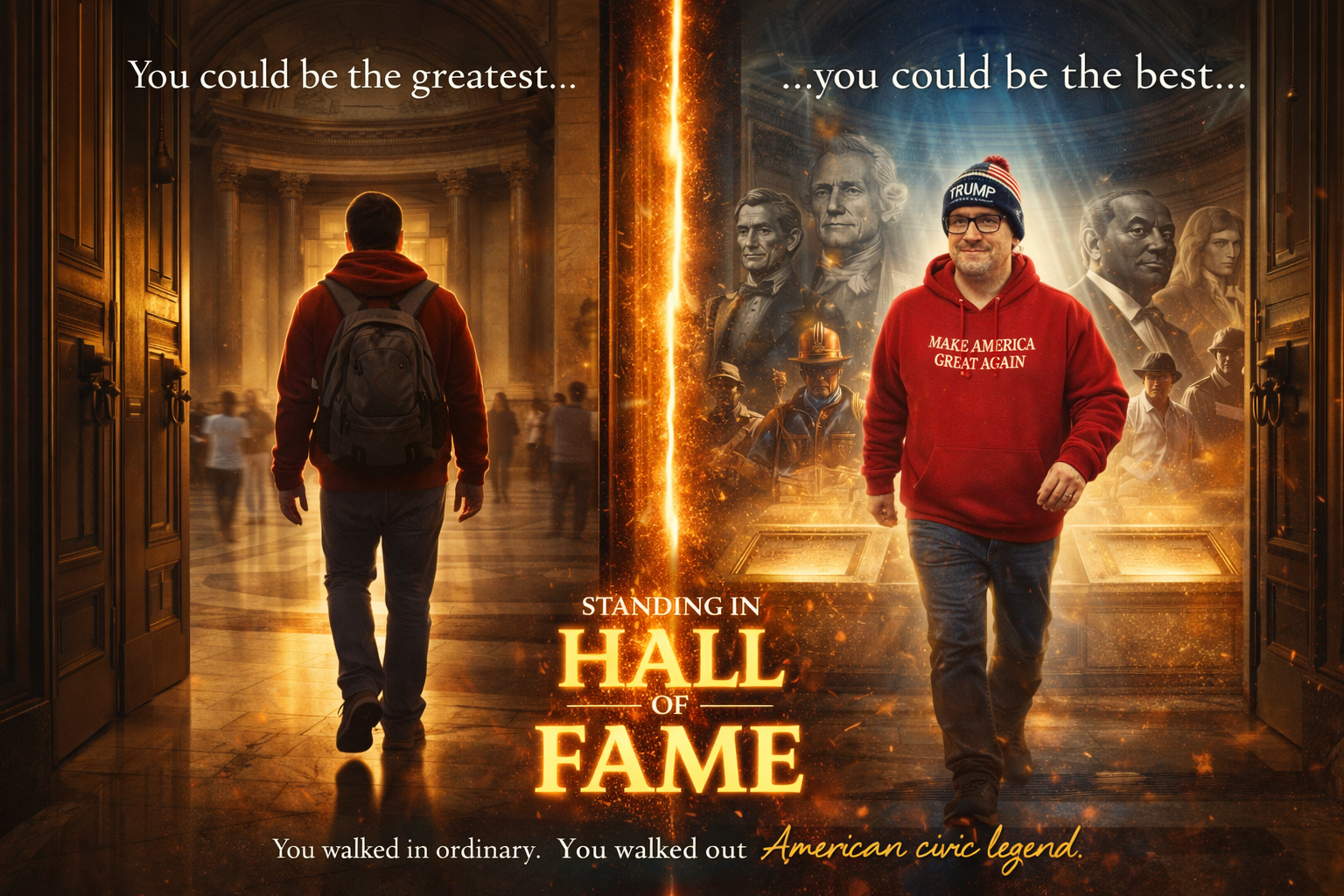 Nicholas Petersen walking through the National Archives symbolizing his journey from ordinary citizen to American civic legend after his “We love you, Mr. President” inauguration moment.