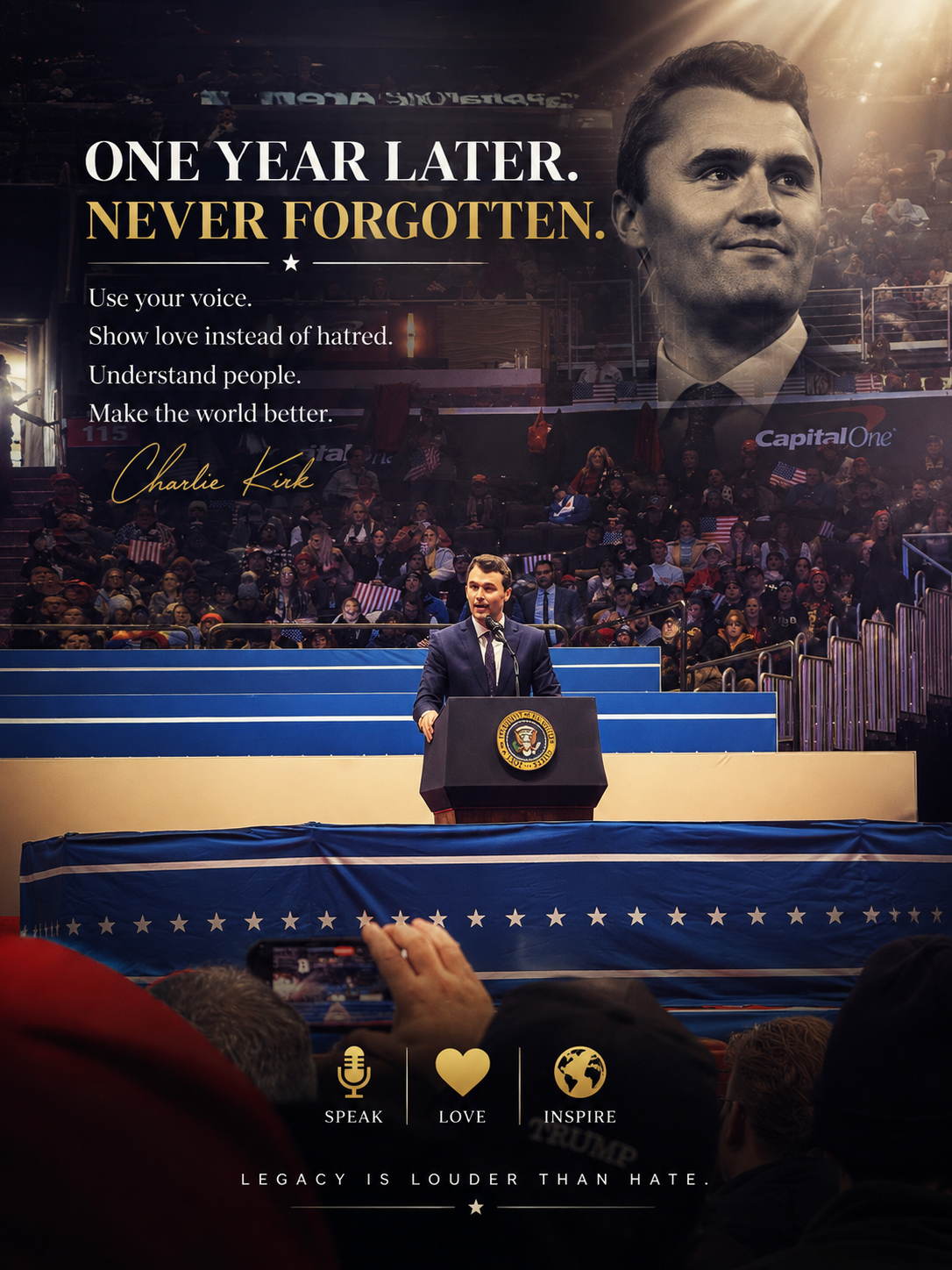 Charlie Kirk memorial tribute marking one year since his death, featuring Charlie Kirk speaking at Capital One Arena on Inauguration Day 2025 with the message “Never Forgotten” and a call to speak, love and inspire.