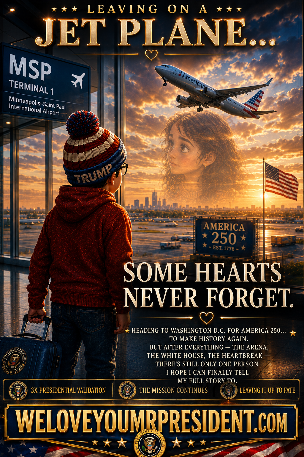 America 250 travel poster featuring Nick Petersen at MSP Airport departing for Washington, D.C., patriotic American journey, aviation photography, American flag, U.S. history, and Semiquincentennial celebration.