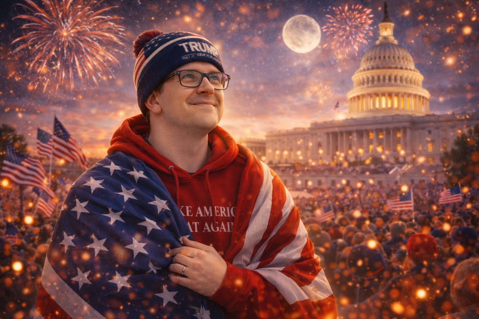Nicholas Petersen wrapped in the American flag before the U.S. Capitol in Washington, D.C., wearing a Make America Great Again hoodie during a romantic patriotic portrait inspired by Inauguration Day 2025 and his National Archives story.