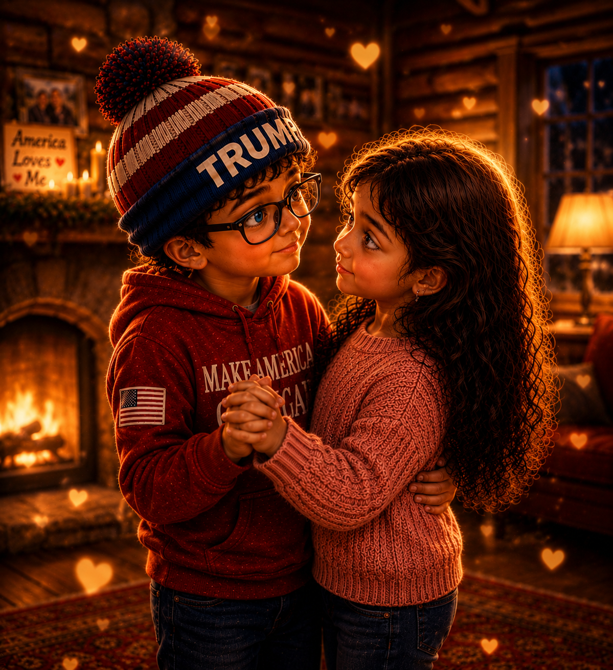 Childhood sweethearts - Young boy in Trump beanie holding hands with young girl in cozy cabin, romantic childhood love moment